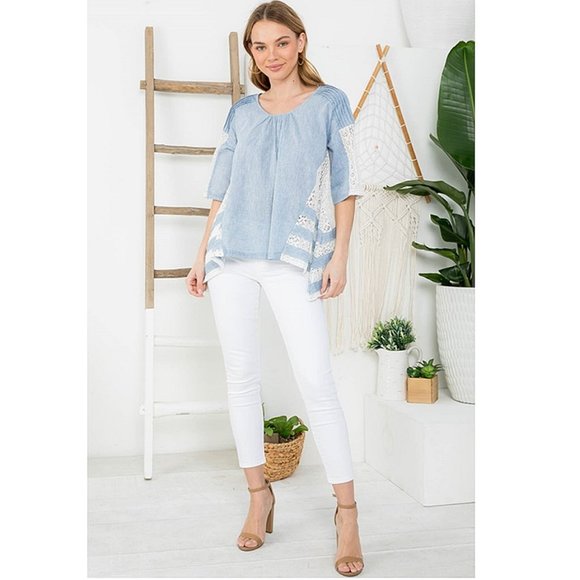 Women Washed Light Denim Blue Cotton Lace Details Bow Tie Asymmetric Top - T8705 - Picture 3 of 11